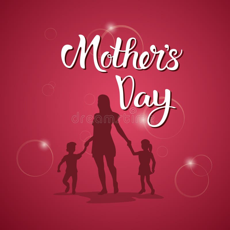 Happy Mother Day, Silhouette Mom Holding Children Hands, Spring Holiday Greeting Card Banner