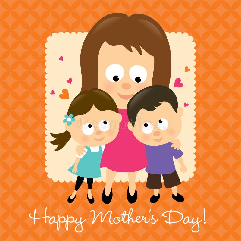 Illustration of two kids hugging their mother. Hispanic family cartoon vectors