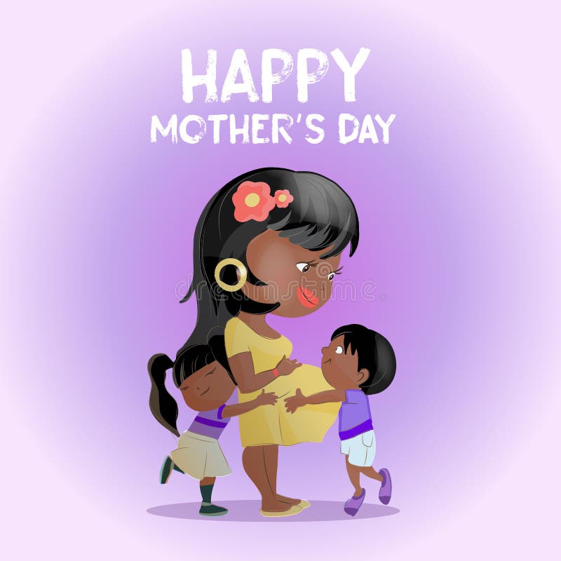Happy Mother`s Day Greeting Card. Cute Cartoon Illustration of Mother with  Two Kids. African American Mom with Little Stock Vector - Illustration of  child, cute: 174624486