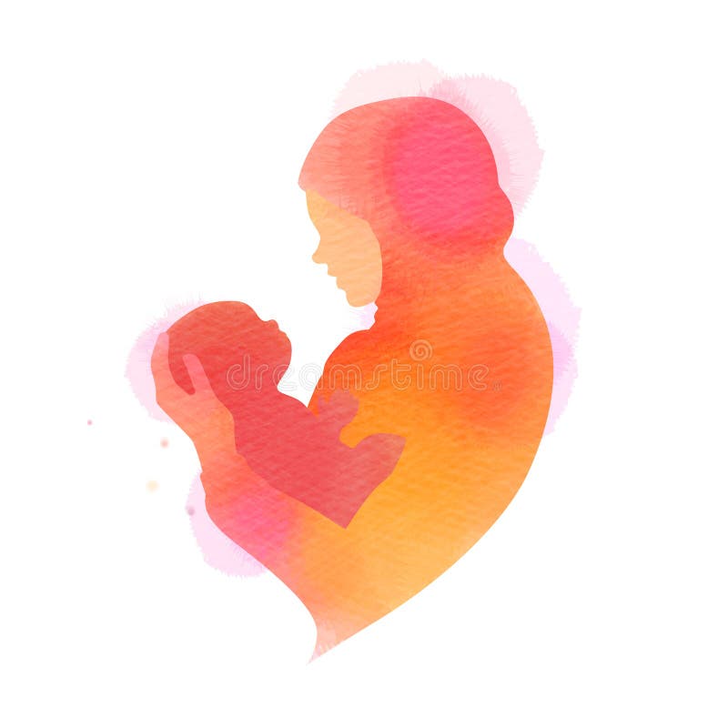 Happy mother`s day. Side view of Happy Muslim mom with her baby  silhouette plus abstract watercolor painted. Muslim mama with he