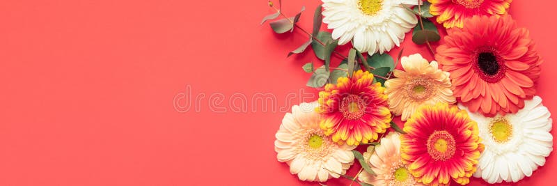 Happy Mother`s Day, Womens Day, Valentine`s Day or Birthday Living Coral and Lush Lava Banner. Floral flat lay greeting card.