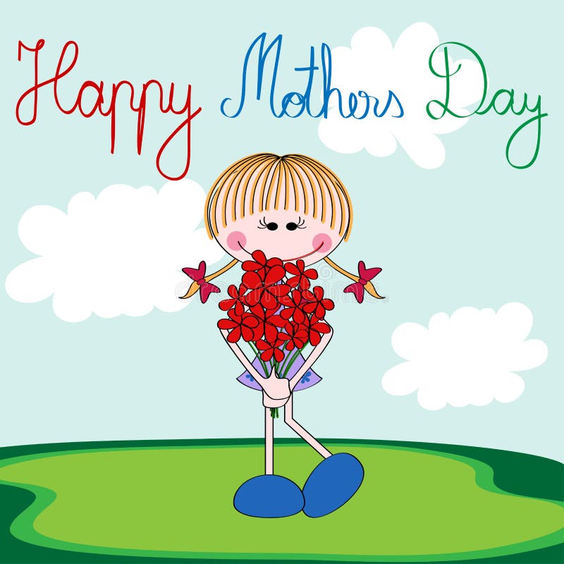 Happy Mothers Day Card With Cartoon Girl Stock Vector - Illustration