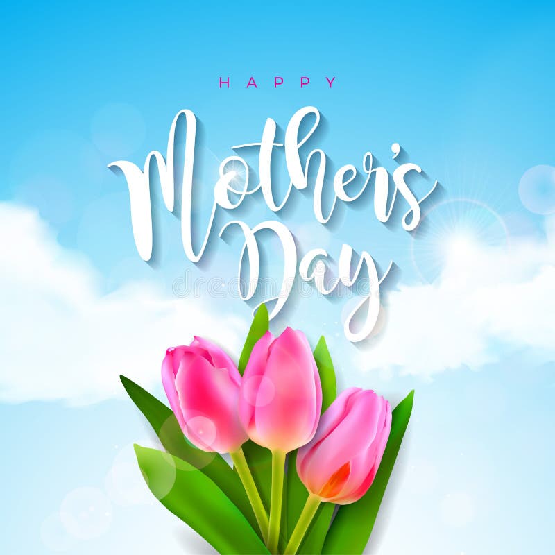Happy Mothers Day Greeting card with tulip flower on cloud background. Vector Celebration Illustration template with typographic design for banner, flyer, invitation, brochure, poster