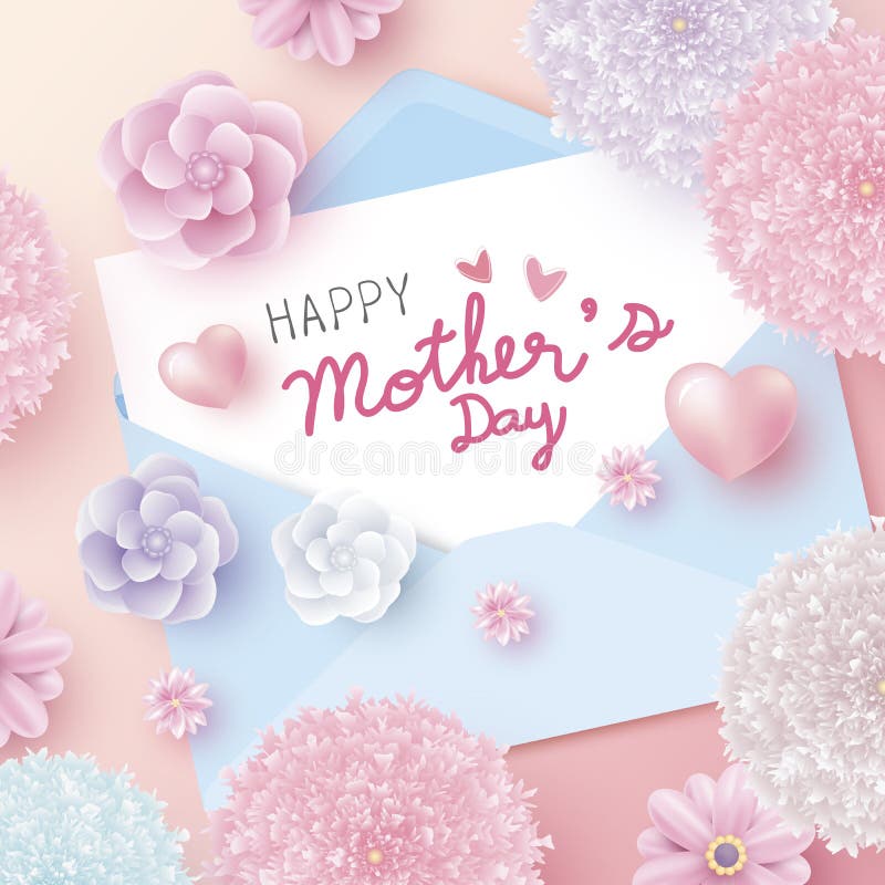 Happy mothers day message on white paper in envelope and flowers