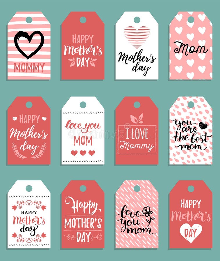 Happy Mothers day vector set of tags and labels. Greeting cards illustrations collection. Hand lettering calligraphy holiday background.