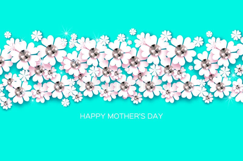 Happy Mothers Day. White Floral Greeting card with Brilliant stones. Womens Day with Paper cut flower. Floral holiday