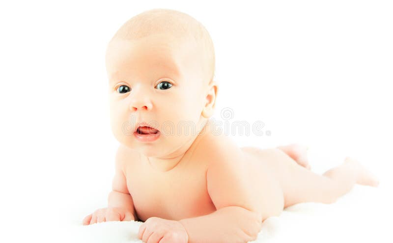 Happy Naked Newborn Baby On White Background Stock Image 
