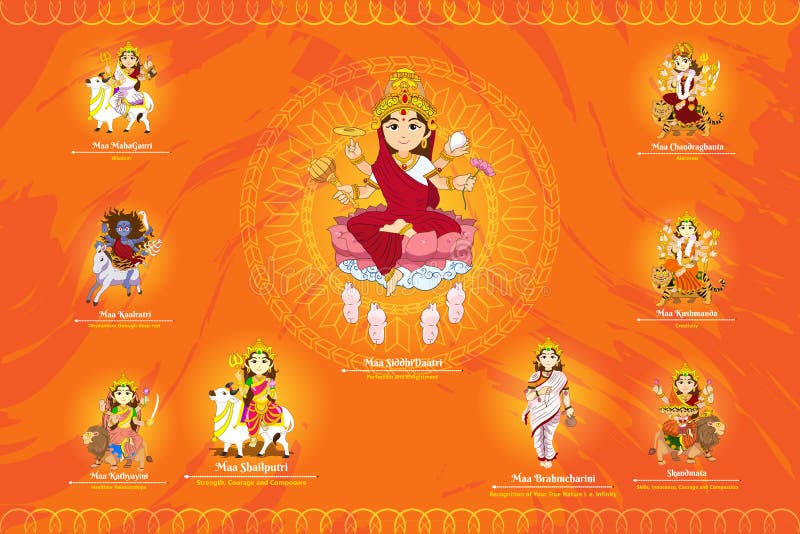 Happy Navratri - Goddess Durga - All Nine Forms of Durga Maa Stock Vector -  Illustration of background, vector: 253320141