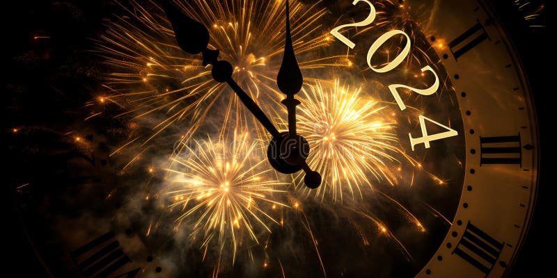 Happy New Year 2024 clock face shows New Year&#x27;s Eve with fireworks in the background royalty free stock photo