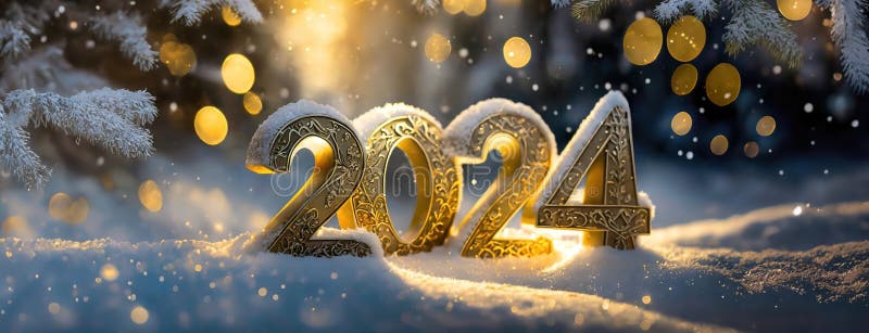 Happy New Year 2024 Golden Background. Numbers on Snow in Winter Forest ...