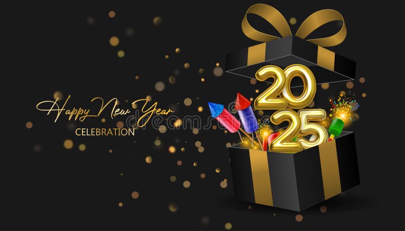 Happy New Year 2025. Festive 2025 New Year Celebration with Open Gift