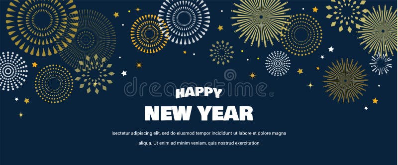 Happy New Year Background with golden fireworks. Gold and black card and banner, festive invitation, calendar poster or stock illustration
