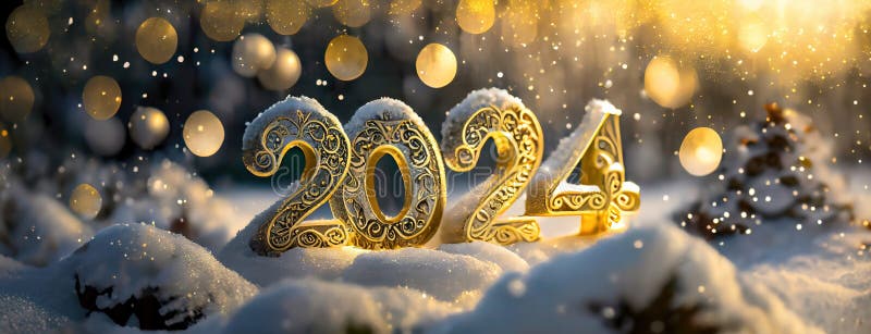 Happy New Year 2024 Background. Golden Numbers on Snow Nature. Holidays ...