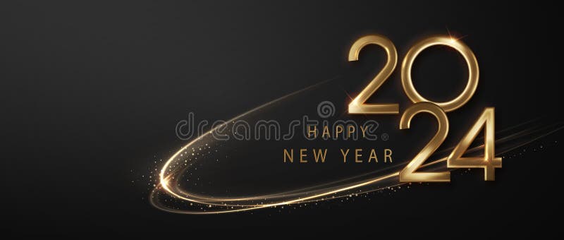 2024 Happy New Year background with golden waves swirl with golden sparkles on black background. Abstract shiny color