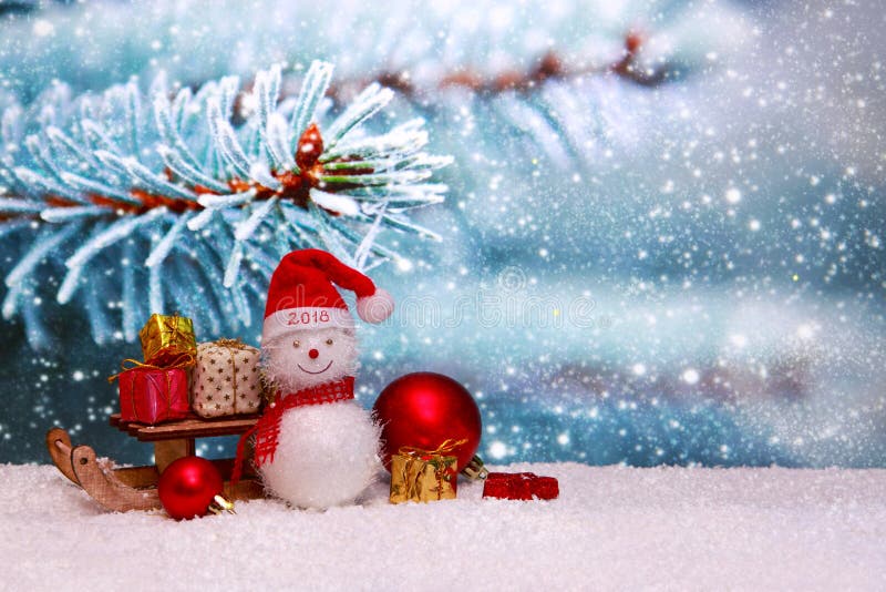 Happy New 2018 Year background with Snowman and Christmas gifts. royalty free stock photography Happy New 2018 Year background with Snowman and Christmas gifts. royalty free stock photography