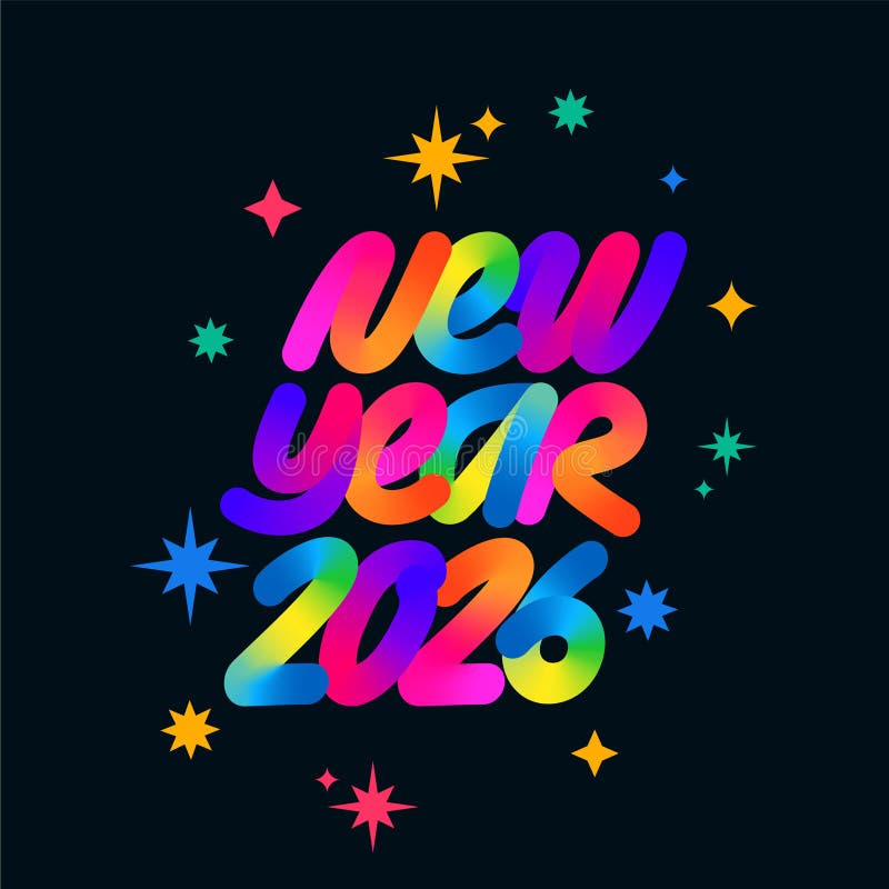 Happy New Year 2026 Background. Vector Greeting Card with Gradient Ribbons and Stars. New Year Party Color Banner vector illustration