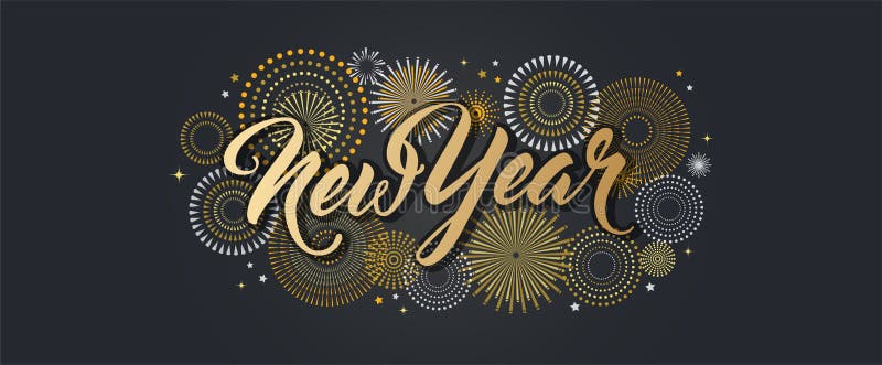 Happy New Year banner with golden fireworks. Gold and black card and banner, festive invitation, calendar poster or