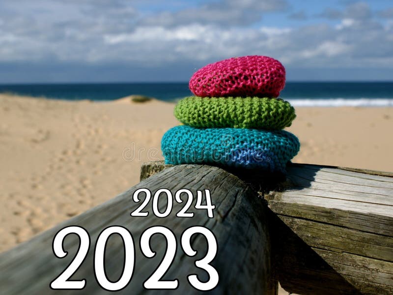 Happy New Year 2023, 2024 Lettering Text Beautiful Sea Beach. Stock