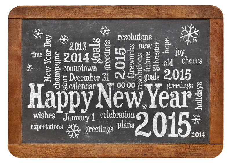 Happy New Year 2015 on blackboard. Happy New Year 2015 word cloud - white chalk text on a vintage slate blackboard isolated on white stock photography Happy New Year 2015 on blackboard. Happy New Year 2015 word cloud - white chalk text on a vintage slate blackboard isolated on white stock photography
