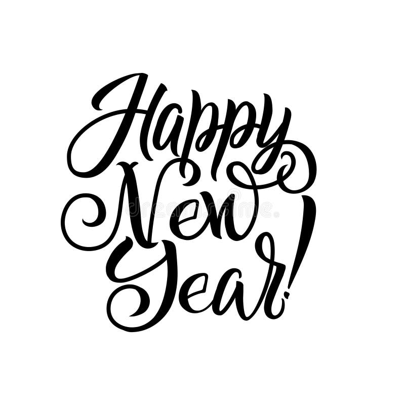 Happy New Year Calligraphy. Greeting Card Black Typography on White Background.