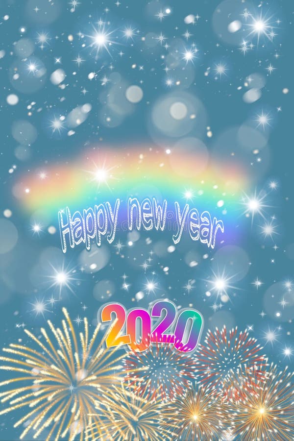 Happy new year 2020 card with bokeh background. Of  isolated in bokeh background. , , , , , , , moon, , , , indoors, red, blue, yellow, white, black, orange stock illustration