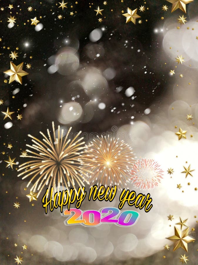 Happy new year 2020 card with bokeh and fireworks. Happy new year 2020 card with, newyear, illustration, star, golden, orange, red, blue, white, celebrate stock illustration