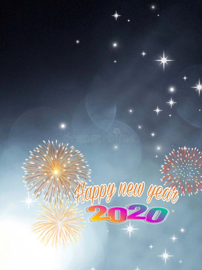 Happy new year 2020 card with bokeh and fireworks. Happy new year 2020 card with, newyear, illustration, star, golden, orange, red, blue, white, celebrate stock illustration