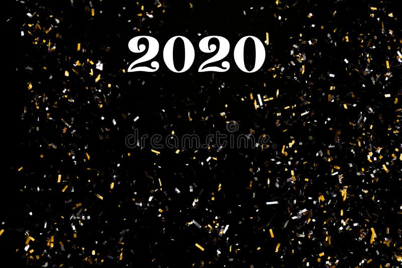 Happy new year 2020 card with bouquet. Happy, new, year, 2020, card, celebrate, two, zero, black, bouquet, yellow, red, golden, silvered, elegant, indoors stock image