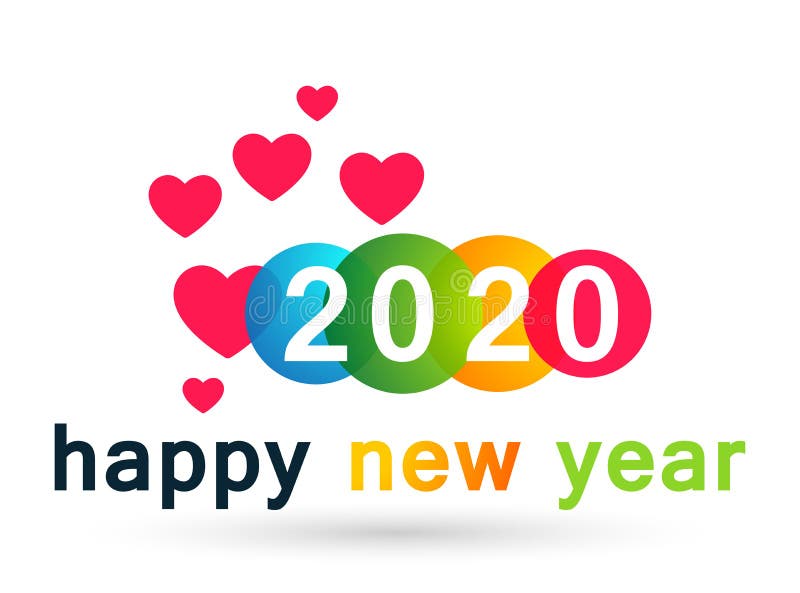 Happy New Year 2020 card and heart love concept colorful greeting text design in colored on white background