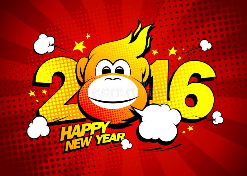 Happy new year 2016 card with hot fiery monkey against red rays backdrop. stock illustration