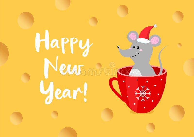 Happy new year card. Mouse Symbol of new year  in red santas hat sitting in red winter mug on cheese yellow background