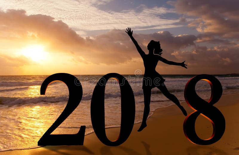 Happy new year card 2018. Silhouette young woman jumping on tropical beach over the sea and 2018 number with sunset background royalty free stock images Happy new year card 2018. Silhouette young woman jumping on tropical beach over the sea and 2018 number with sunset background royalty free stock images