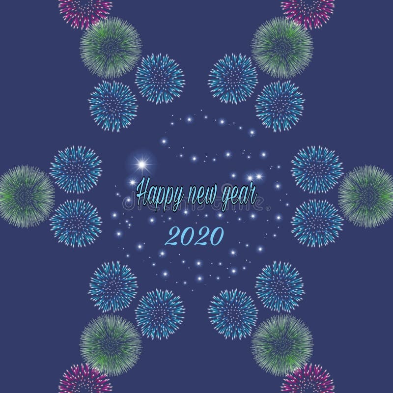 Happy new year 2020 card with sustainables fireworks isolated in black background stock illustration