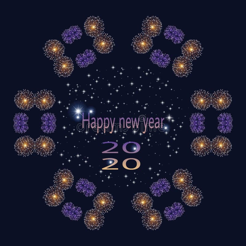 Happy new year 2020 card with sustainables fireworks isolated in black background vector illustration