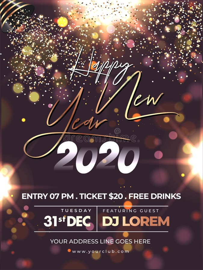 Happy New Year 2020 Celebration Flyer Design with Party Popper Falling Glitter on Brown Lighting Effect Background. Happy New Year 2020 Celebration Flyer Design royalty free illustration