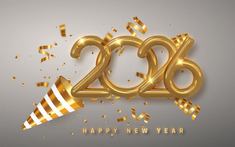 Happy New Year 2026 Celebration With Golden Numbers, Confetti, and Party Popper on a Grey Background. Elegant Festive Holiday vector illustration