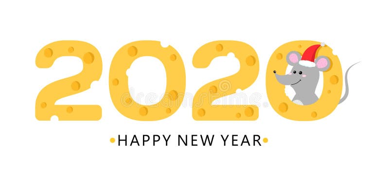 Happy new year 2020 cheese and mouse vector card. Symbol or new 2020 year mouse in red Santas hat and cheese figure