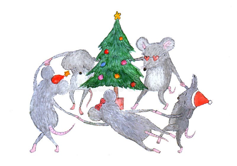 Happy New Year by the tree mouse postcard  illustration