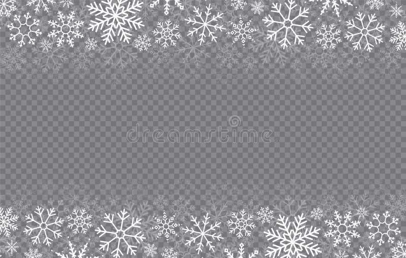 Happy New Year, Christmas and xmas. Falling snow. Snowflakes in different shapes. Winter holidays. Vector snowflake on transparent