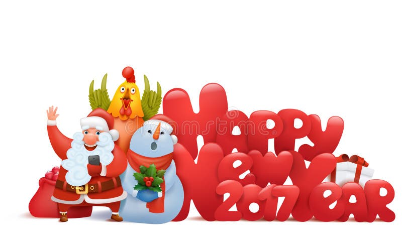 Happy new year composition with santa claus snowman and rooster vector illustration Happy new year composition with santa claus snowman and rooster vector illustration