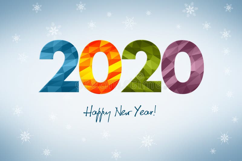 Happy New Year 2020, concept of a New Year`s greeting card with winter theme composed of colorful geometri vector illustration Happy New Year 2020, concept of a New Year`s greeting card with winter theme composed of colorful geometri vector illustration