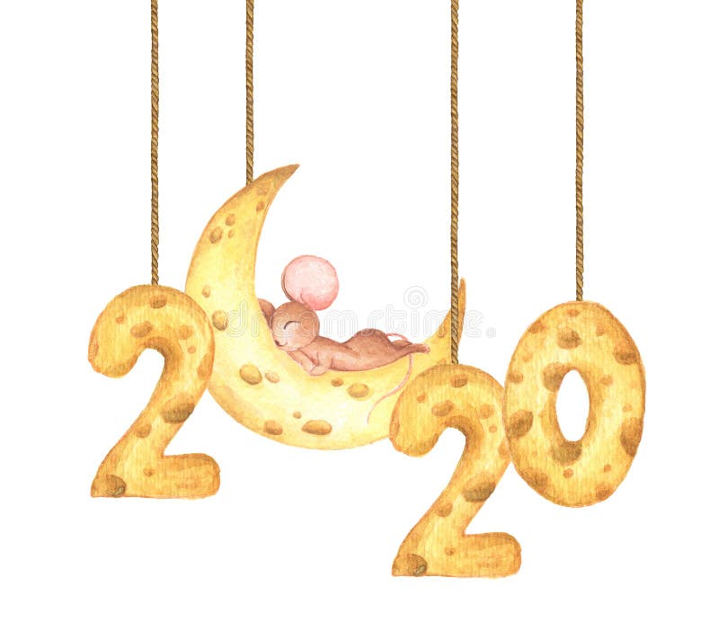 Happy New Year 2020. Cute mouse sleeping on the cheese moon and cheese calendar hanging from string painted in watercolor