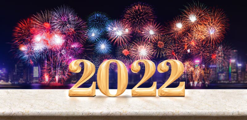 Happy new year 2022 3d rendering fireworks over cityscape at night with empty white marble table,Banner mock up template for. Display or montage of product for stock photography