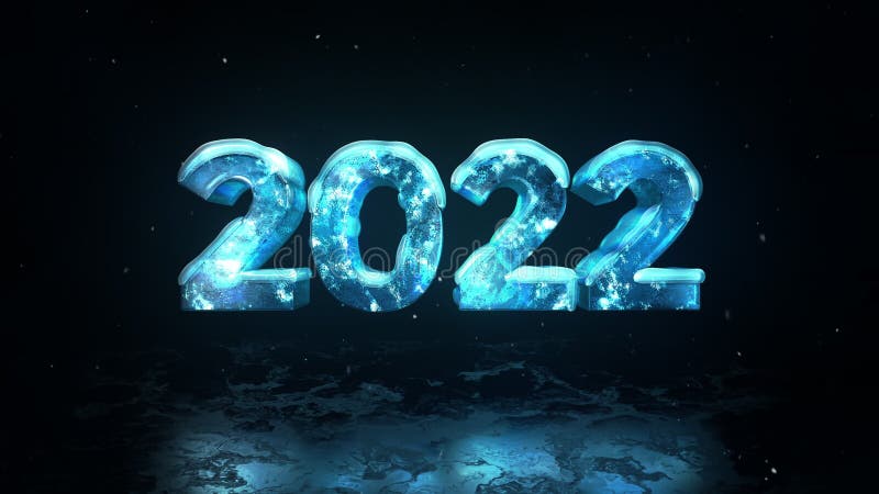 2022 Happy New Year date frosted ice snow glass rotation logo Cristmas Holiday background 3D render