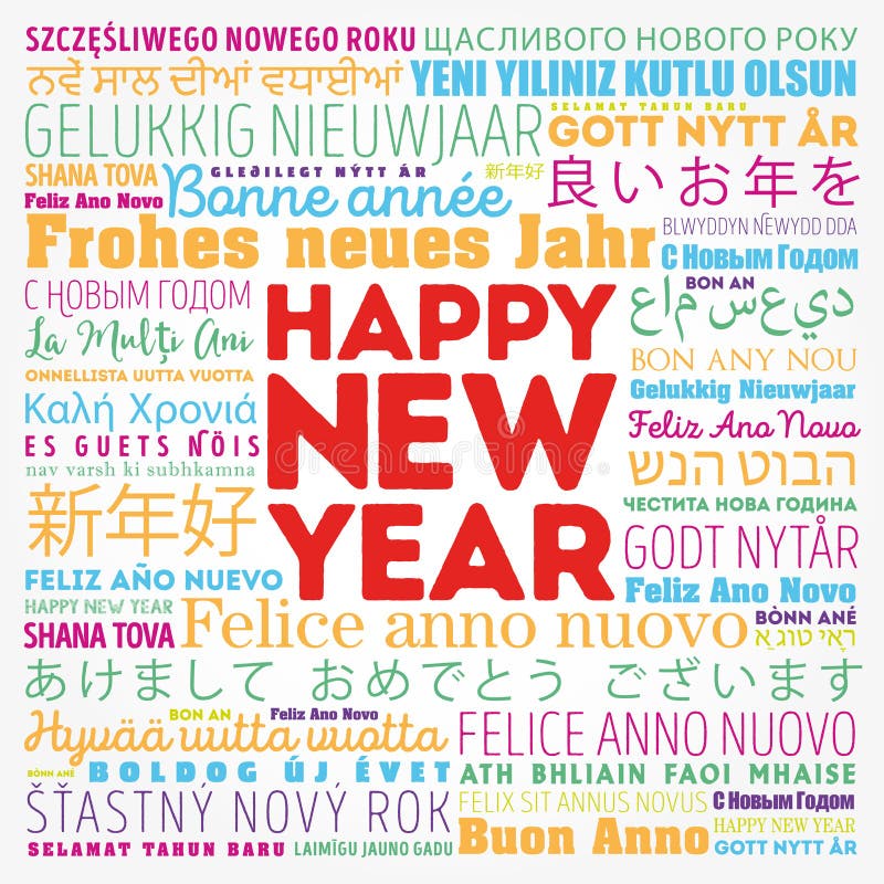 Happy New Year in different languages, celebration word cloud greeting card