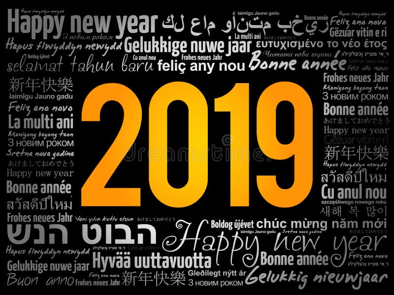 2019 Happy New Year in different languages, celebration word cloud greeting card