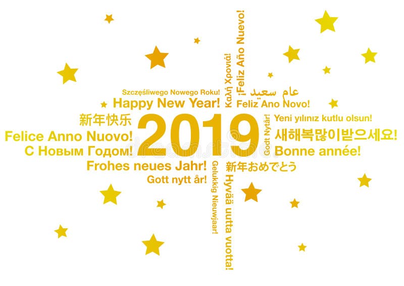 Happy New Year 2019 in different languages greeting card concept