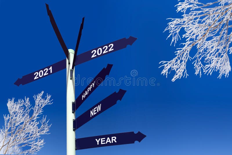Happy new year 2022 on direction panels, snowy trees winter greetings. Happy new year 2022 on direction panels, snowy trees, winter greetings stock image