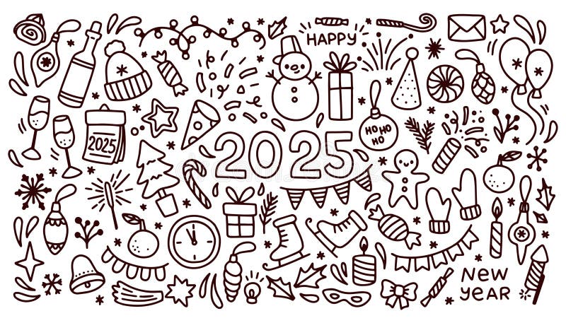 Happy New Year 2025 Doodle Elements, Set New Year Party Elements Doodle