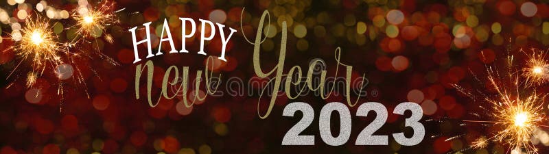 HAPPY NEW YEAR 2023 - Festive silvester background panorama greeting card  banner long - Golden firework and red bokeh light in stock photos